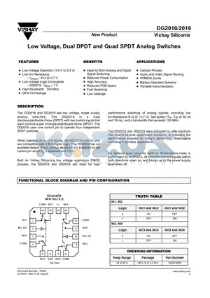 DG2018 datasheet - Low Voltage, Dual DPDT and Quad SPDT Analog Switches