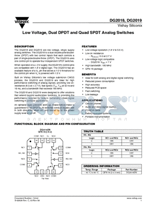 DG2018 datasheet - Low Voltage, Dual DPDT and Quad SPDT Analog Switches