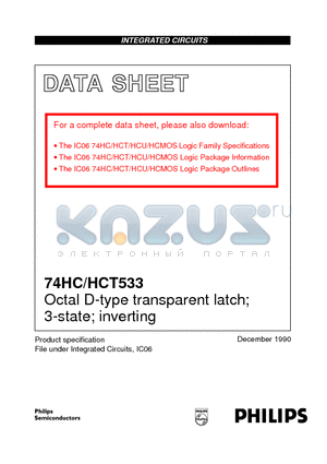 74HC533 datasheet - Octal D-type transparent latch; 3-state; inverting