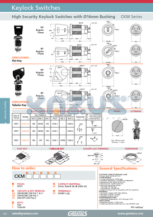 CKM13ETW01 datasheet - High Security Keylock Switches with 16mm Bushing