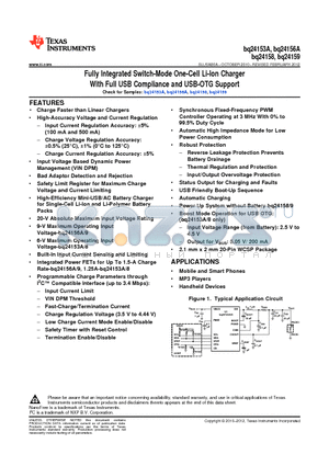 BQ24159YFFR datasheet - Fully Integrated Switch-Mode One-Cell Li-Ion Charger