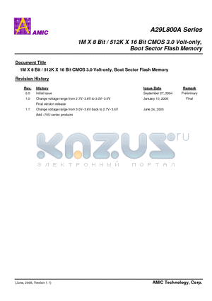 A29L800ATV-70U datasheet - 1M X 8 Bit / 512K X 16 Bit CMOS 3.0 Volt-only, Boot Sector Flash Memory