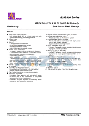 A29L800UM-90 datasheet - 1M X 8 Bit / 512K X 16 Bit CMOS 3.0 Volt-only, Boot Sector Flash Memory