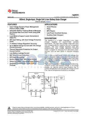 BQ24210 datasheet - 800mA, Single-Input, Single Cell Li-Ion Battery Solar Charger