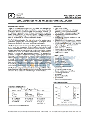 ALD1706BDA datasheet - ULTRA  MICROPOWER RAIL TO RAIL CMOS OPERATIONAL AMPLIFIER