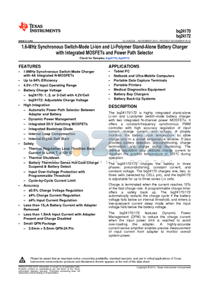 BQ24172 datasheet - 1.6-MHz Synchronous Switch-Mode Li-Ion and Li-Polymer Stand-Alone Battery Charger