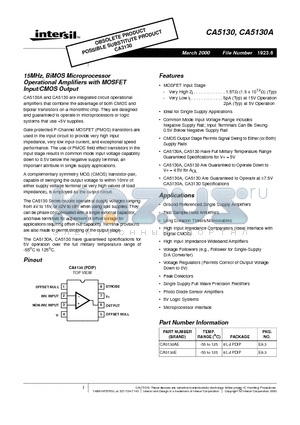 CA5130AE datasheet - 15MHz, BiMOS Microprocessor Operational Amplifiers with MOSFET Input/CMOS Output