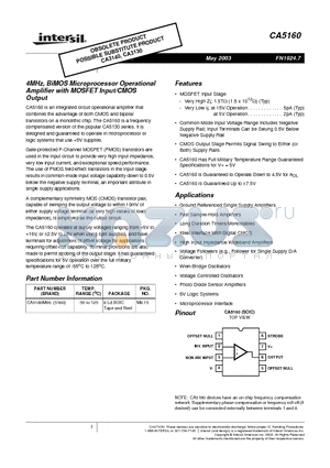 CA5160_03 datasheet - 4MHz, BiMOS Microprocessor Operational Amplifier with MOSFET Input/CMOS Output