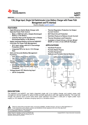 BQ24271RGET datasheet - 1.5A, Singe Input, Single Cell Switchmode Li-Ion Battery Charger with Power Path