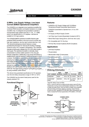 CA5420A_05 datasheet - 0.5MHz, Low Supply Voltage, Low Input Current BiMOS Operational Amplifiers