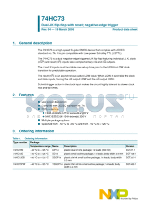 74HC73 datasheet - Dual JK flip-flop with reset; negative-edge trigger