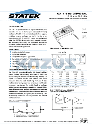CX-1H-03 datasheet - 10 kHz to 600 kHz Miniature Quartz Crystal for Series Oscillators