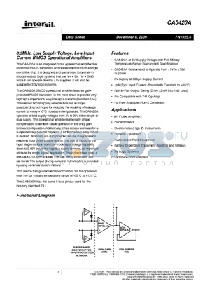 CA5420A datasheet - 0.5MHz, Low Supply Voltage, Low Input Current BiMOS Operational Amplifiers