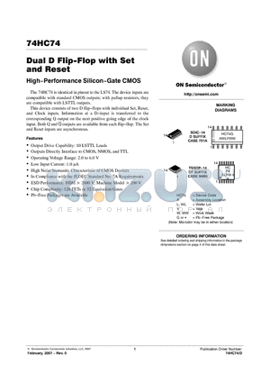 74HC74 datasheet - Dual D Flip−Flop with Set and Reset High−Performance Silicon−Gate CMOS