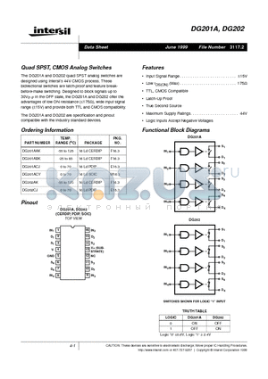 DG202CJ datasheet - Quad SPST, CMOS Analog Switches