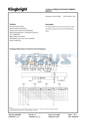 CA56-21SRWA datasheet - 14.22mm (0.56INCH) FOUR DIGIT NUMERIC DISPLAY