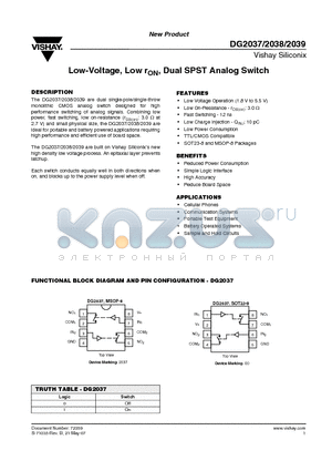DG2037DS datasheet - Low-Voltage, Low rON, Dual SPST Analog Switch