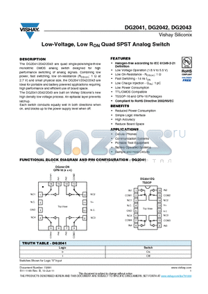 DG2041 datasheet - Low-Voltage, Low RON Quad SPST Analog Switch