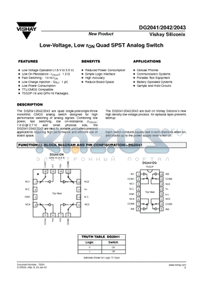 DG2041DN datasheet - Low-Voltage, Low rON Quad SPST Analog Switch