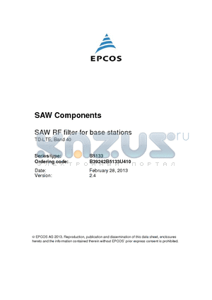 B5133 datasheet - SAW RF filter for base stations TD-LTE, Band 40