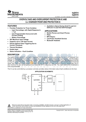 BQ24316DSGR datasheet - OVERVOLTAGE AND OVERCURRENT PROTECTION IC AND Li CHARGER FRONT-END PROTECTION IC