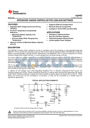 BQ24450 datasheet - INTEGRATED CHARGE CONTROLLER FOR LEAD-ACID BATTERIES