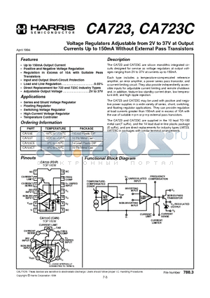 CA723C datasheet - Voltage Regulators Adjustable from 2V to 37V at Output Currents Up to 150mA Without External Pass Transistors