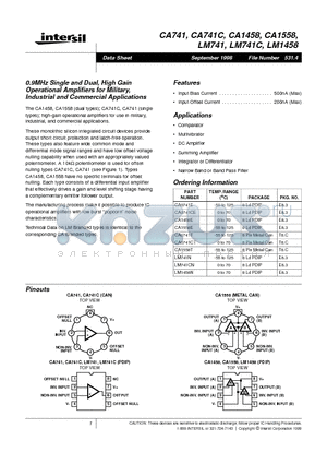 CA741 datasheet - 0.9MHz Single and Dual, High Gain Operational Amplifiers for Military, Industrial and Commercial Applications