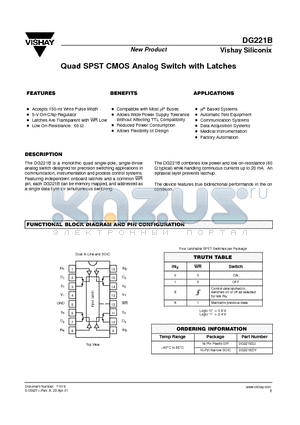 DG221BDJ datasheet - Quad SPST CMOS Analog Switch with Latches