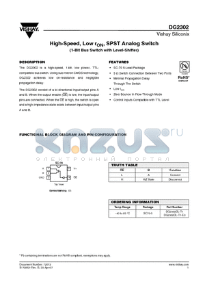 DG2302 datasheet - High-Speed, Low rON, SPST Analog Switch (1-Bit Bus Switch with Level-Shifter)