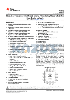 BQ24610RGET datasheet - Stand-Alone Synchronous Switch-Mode Li-Ion or Li-Polymer Battery Charger with System Power Selector and Low Iq