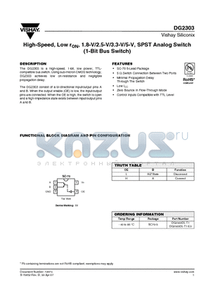 DG2303_08 datasheet - High-Speed, Low rON, 1.8-V/2.5-V/3.3-V/5-V, SPST Analog Switch (1-Bit Bus Switch)