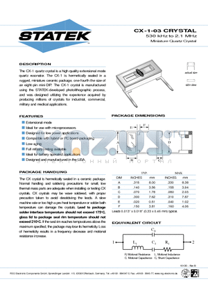 CX-1SC-03 datasheet - 530 kHz to 2.1 MHz Miniature Quartz Crystal