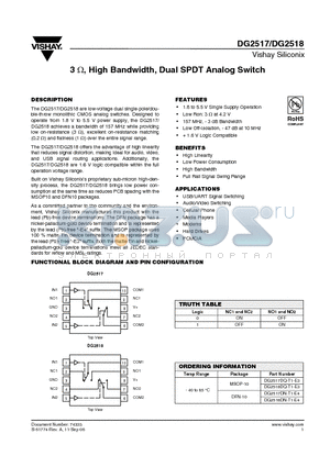 DG2517DN-T1-E4 datasheet - 3ohm, High Bandwidth, Dual SPDT Analog Switch