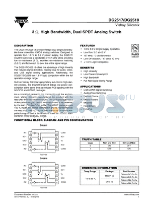 DG2517 datasheet - 3ohm, High Bandwidth, Dual SPDT Analog Switch