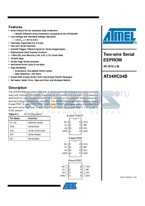 AT24HC04B-W-11 datasheet - Two-wire Serial EEPROM 4K (512 x 8)