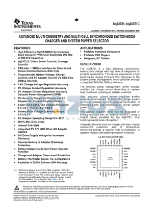 BQ24721RHBRG4 datasheet - ADVANCED MULTI-CHEMISTRY AND MULTI-CELL SYNCHRONOUS SWITCH-MODE CHARGER AND SYSTEM POWER SELECTOR