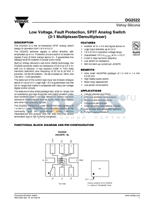 DG2522DN-T1-E4 datasheet - Low Voltage, Fault Protection, SP3T Analog Switch (3:1 Multiplexer/Demultiplexer)