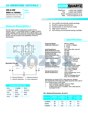 CX-1SO-0332A datasheet - CX MINIATURE CRYSTALS