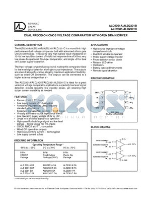 ALD2301ADA datasheet - DUAL PRECISION CMOS VOLTAGE COMPARATOR WITH OPEN DRAIN DRIVER