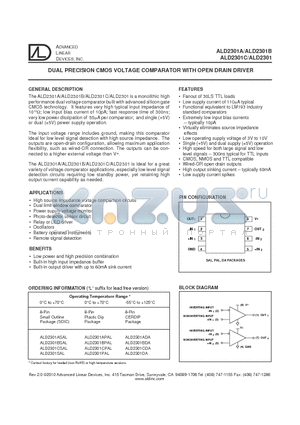 ALD2301ADA datasheet - DUAL PRECISION CMOS VOLTAGE COMPARATOR WITH OPEN DRAIN DRIVER