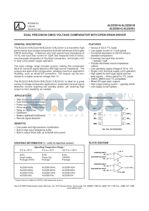 ALD2301APAL datasheet - DUAL PRECISION CMOS VOLTAGE COMPARATOR WITH OPEN DRAIN DRIVER