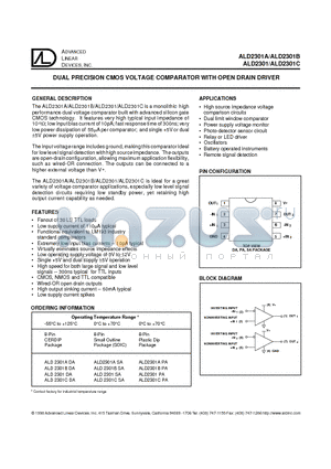 ALD2301BPA datasheet - DUAL PRECISION CMOS VOLTAGE COMPARATOR WITH OPEN DRAIN DRIVER