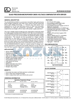 ALD2301 datasheet - QUAD PRECISION MICROPOWER CMOS VOLTAGE COMPARATOR WITH DRIVER