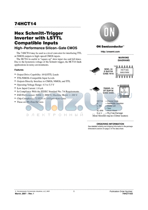 74HCT14 datasheet - Hex Schmitt−Trigger Inverter with LSTTL Compatible Inputs High−Performance Silicon−Gate CMOS