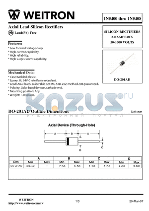 1N5404 datasheet - Axial Lead Silicon Rectifiers SILICON RECTIFIERS 3.0 AMPERES 50-1000 VOLTS