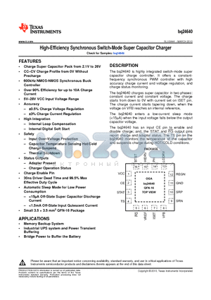 BQ24640 datasheet - High-Efficiency Synchronous Switch-Mode Super Capacitor Charger