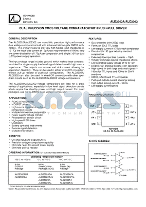 ALD2302 datasheet - DUAL PRECISION CMOS VOLTAGE COMPARATOR WITH PUSH-PULL DRIVER