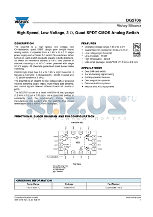 DG2706DN-T1-E4 datasheet - High Speed, Low Voltage, 3ohm , Quad SPDT CMOS Analog Switch