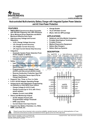 BQ24750RHDT datasheet - Host-controlled Multi-chemistry Battery Charger with Integrated System Power Selector and AC Over-Power Protection